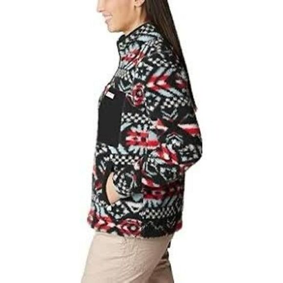 Columbia Women's L West Bend 1/4 Zip Fuzzy Pullover Red Black Faire Isle Ski New - Picture 4 of 16